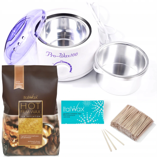 Zestaw do depilacji bezpaskowej wosk 1kg dropsy Italwax natural Podgrzewacz Prowax talk szpatułki 01.png