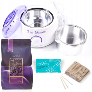 Zestaw do depilacji bezpaskowej wosk 1kg dropsy ItalWax plum Podgrzewacz Prowax talk szpatułki