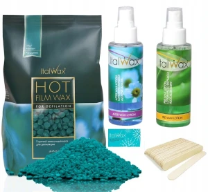 Zestaw do depilacji ItalWax wosk twardy 500g Azulen azulenowy + płyny + szpatułki + talk