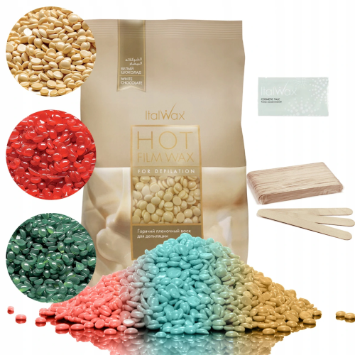 Zestaw do depilacji ItalWax wosk twardy Film Wax 500g (do wyboru) + szpatułki + talk 01.png