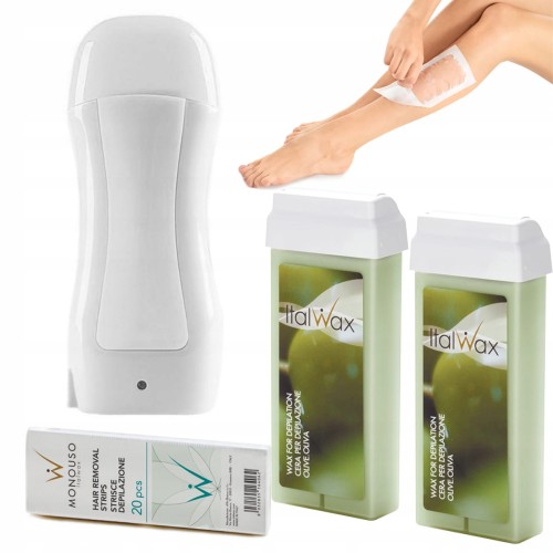 Zestaw do depilacji ItalWax 2x wosk rolka Olive oliwkowy + mocny podgrzewacz + paski 01.jpg