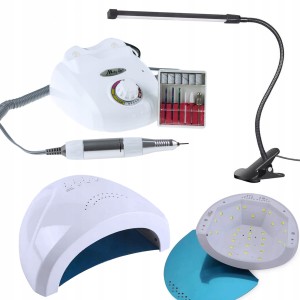 Zestaw urządzeń do paznokci - frezarka + lampa + lampka na biurko