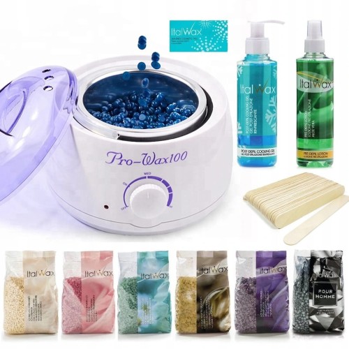 Zestaw do depilacji ItalWax - podgrzewacz do wosku 100W + 6x wosk twardy w dropsach 100g + żele + szpatułki + talk 01.jpg