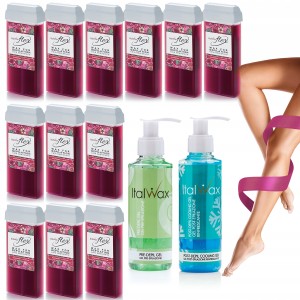 ItalWax Zestaw do depilacji 12x wosk w rolce Raspberry 100ml + 2x żel 100ml gratis