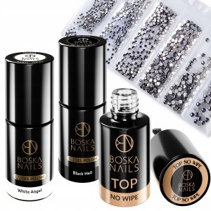 Boska Nails Zestaw Black and White 3x lakier hybrydowy + cyrkonie szlifowane 1440 sztuk