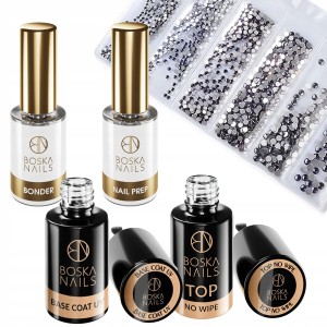 Zestaw do hybrydy Boska Nails Base Coat + Top No Wipe + dehydrator + primer bezkwasowy + 1440x cyrkonii gratis