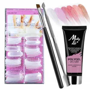 Zestaw uzupełniający do akrylożelu 1x PolyGel Molly Lac 30ml (kolor do wyboru) + formy + akcesoria