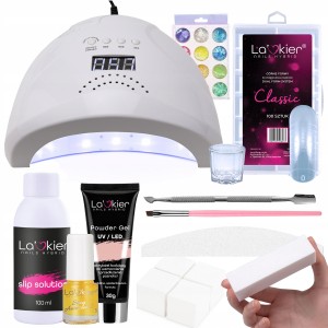 Zestaw startowy do akrylożeli 1x Powder Gel La’kier 30ml (kolor do wyboru) + lampa + preparaty + akcesoria + ozdoby box