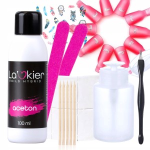 Zestaw do usuwania lakierów hybrydowych - aceton La'kier 100ml + klipsy do ściągania + dozownik + akcesoria + gratis