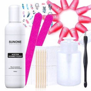 Zestaw do usuwania lakierów hybrydowych - aceton Sunone 100ml + klipsy do ściągania + dozownik + akcesoria + gratis