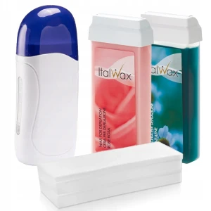 ItalWax Zestaw do depilacji - podgrzewacz (niebieski korek) + 2x wosk w rolce 100ml Rose i Azulene + paski 50 sztuk