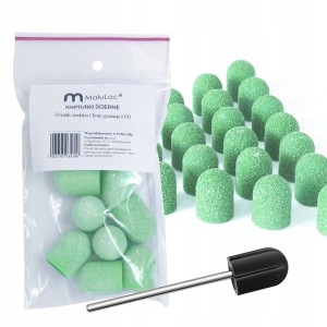 MaluLac Zestaw do pedicure - kapturek ścierny 13mm #150 10 sztuk zielone + nośnik gumowy