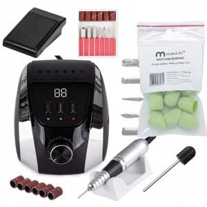 Zestaw do paznokci - frezarka do manicure i pedicure 68W czarna + 10x kapturek 10mm #150 + nośnik gumowy