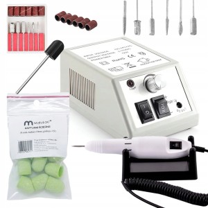 Zestaw do paznokci - frezarka do manicure i pedicure 12W biała + 10x kapturek 10mm #150 + nośnik gumowy