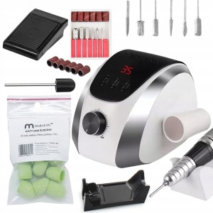 Zestaw do paznokci - frezarka do manicure i pedicure srebrna + 10x kapturek 10mm #150 + nośnik gumowy