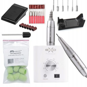 Zestaw do paznokci - frezarka do manicure i pedicure 40W biała + 10x kapturek 10mm #150 + nośnik gumowy