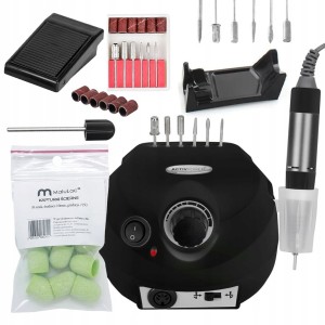 Zestaw do paznokci - frezarka do manicure i pedicure 65W czarna + 10x kapturek 10mm #150 + nośnik gumowy