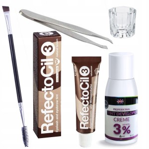 Zestaw do henny - henna do brwi i rzęs RefectoCil brązowa + woda utleniona + pęseta + pędzelek + naczynko
