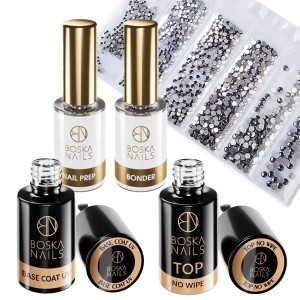 Boska Nails Zestaw do paznokci hybrydowych - Base Coat 6ml + Top No Wipe 6ml + dehydrator 10ml + primer bezkwasowy 10ml + ozdoby do paznokci