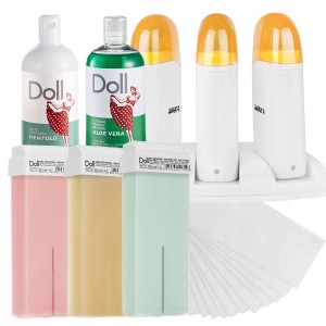 Xanitalia Doll Zestaw do depilacji ciała - podgrzewacz z bazą iWax Trio biało-żółty + 3x wosk w rolce 100ml + 2x preparaty przed i po depilacji 500ml + paski