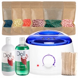 Xanitalia Doll Zestaw do depilacji bezpaskowej - podgrzewacz White Blue 100W + 6x wosk twardy 100g + 2x preparaty przed i po depilacji 500ml + szpatułki