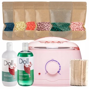 Xanitalia Doll Zestaw do depilacji bezpaskowej - podgrzewacz Pink 100W + 6x wosk twardy 100g + 2x preparaty przed i po depilacji 500ml + szpatułki