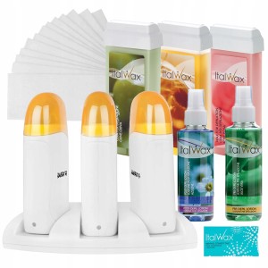 ItalWax Zestaw do depilacji paskowej - podgrzewacz z bazą iWax Trio biało-żółty + 3x wosk w rolce 100ml + preparaty + paski + talk