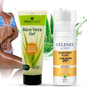 Zestaw do opalania – Celenes by Sweden Herbal Dry Touch Sunscreen Fluid SPF 50 + Fresh Secrets Aloe Vera Gel