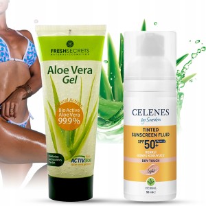 Zestaw do opalania – Celenes by Sweden Tinted Sunscreen Fluid SPF 50 + Fresh Secrets Aloe Vera Gel