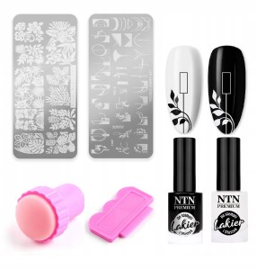 Profesjonalny zestaw do stempli paznokci – 2x lakier do stempli + 2x blaszka ze wzorami + stamper różowy