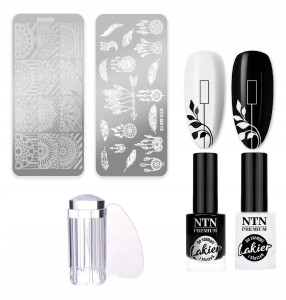 Profesjonalny zestaw do stempli paznokci – 2x lakier do stempli + 2x blaszka ze wzorami + stamper silikonowy