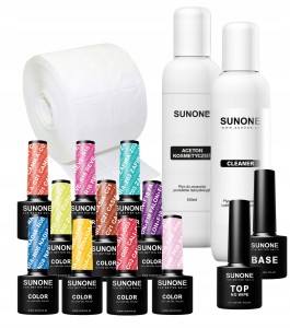 Sunone Zestaw do paznokci hybrydowych - 10 lakierów hybrydowych 5g (kolory do wyboru) + baza + top + cleaner + remover + waciki