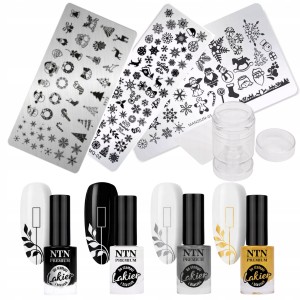 Świąteczny zestaw Nail Art do stampingu i zdobień paznokci – 4x lakier do stempli NTN Premium + 3x blaszka + stempelek silikonowy