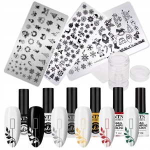 Świąteczny zestaw Nail Art do stampingu i zdobień paznokci – 6x lakier do stempli NTN Premium + 3x blaszka + stempelek silikonowy