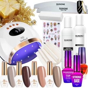 Molly Nails Świąteczny zestaw startowy do paznokci - lampa UV/LED 158W + 5x lakier hybrydowy + preparaty + akcesoria