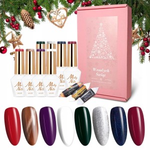 Molly Nails Świąteczny zestaw do paznokci hybrydowych lakiery 8 sztuk klasyczne, brokat i cat eye + słodkości gratis
