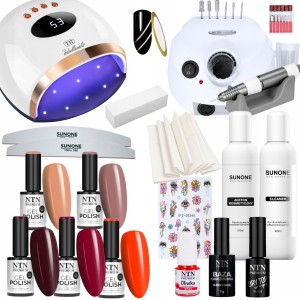 NTN Premium Świąteczny zestaw startowy do paznokci - lampa UV/LED 158W + mocna frezarka + 5x lakier hybrydowy + preparaty + akcesoria