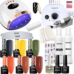 Sunone Jesienny zestaw do paznokci hybrydowych - lampa + mocna frezarka + 6x lakier hybrydowy 5g + preparaty + akcesoria