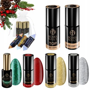 Boska Nails Świąteczny zestaw do paznokci hybrydowych - 4x brokatowy lakier + baza + top + gratis