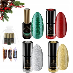 Boska Nails Świąteczny zestaw do paznokci hybrydowych - 4x brokatowy lakier + gratis
