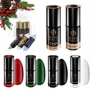 Boska Nails Świąteczny zestaw do paznokci hybrydowych - 4x kolorowy lakier + baza + top + gratis