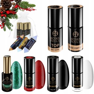 Boska Nails Świąteczny zestaw do paznokci hybrydowych - 2x brokatowy lakier + 2x kolorowy lakier + baza + top + gratis