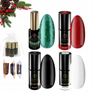 Boska Nails Świąteczny zestaw do paznokci hybrydowych - 2x brokatowy lakier + 2x kolorowy lakier + gratis