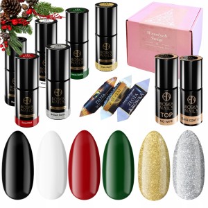 Boska Nails Świąteczny zestaw do paznokci hybrydowych w prezentowym pudełku - 2x brokatowy lakier + 4x kolorowy lakier + baza + top + gratis