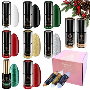 Boska Nails Świąteczny zestaw do paznokci hybrydowych w prezentowym pudełku - 4x brokatowy lakier + 4x kolorowy lakier + baza + top + gratis