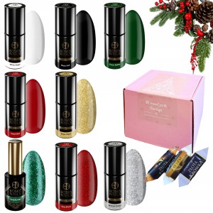 Boska Nails Świąteczny zestaw do paznokci hybrydowych w prezentowym pudełku - 4x brokatowy lakier + 4x kolorowy lakier + gratis
