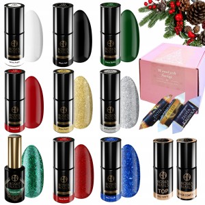 Boska Nails Świąteczny zestaw do paznokci hybrydowych w prezentowym pudełku - 5x brokatowy lakier + 4x kolorowy lakier + baza + top + gratis