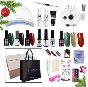 Prezentowy zestaw do paznokci hybrydowych - lampa + frezarka + 6x lakier hybrydowy - 3x NTN 5g i 3x La'kier 5g + 1x akrylożel La'kier 30ml + preparaty + akcesoria + gratis