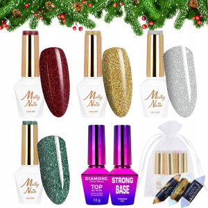 Molly Nails Świąteczny zestaw do paznokci hybrydowych w prezentowym woreczku - 4x brokatowy lakier + baza + top + gratis