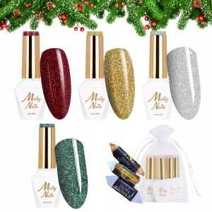 Molly Nails Świąteczny zestaw do paznokci hybrydowych w prezentowym woreczku - 4x brokatowy lakier + gratis